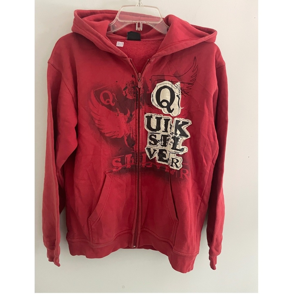 Vintage Y2k Quiksilver Mens Red Zip Up Hoodie Sweatshirt Distressed Logo Size 14